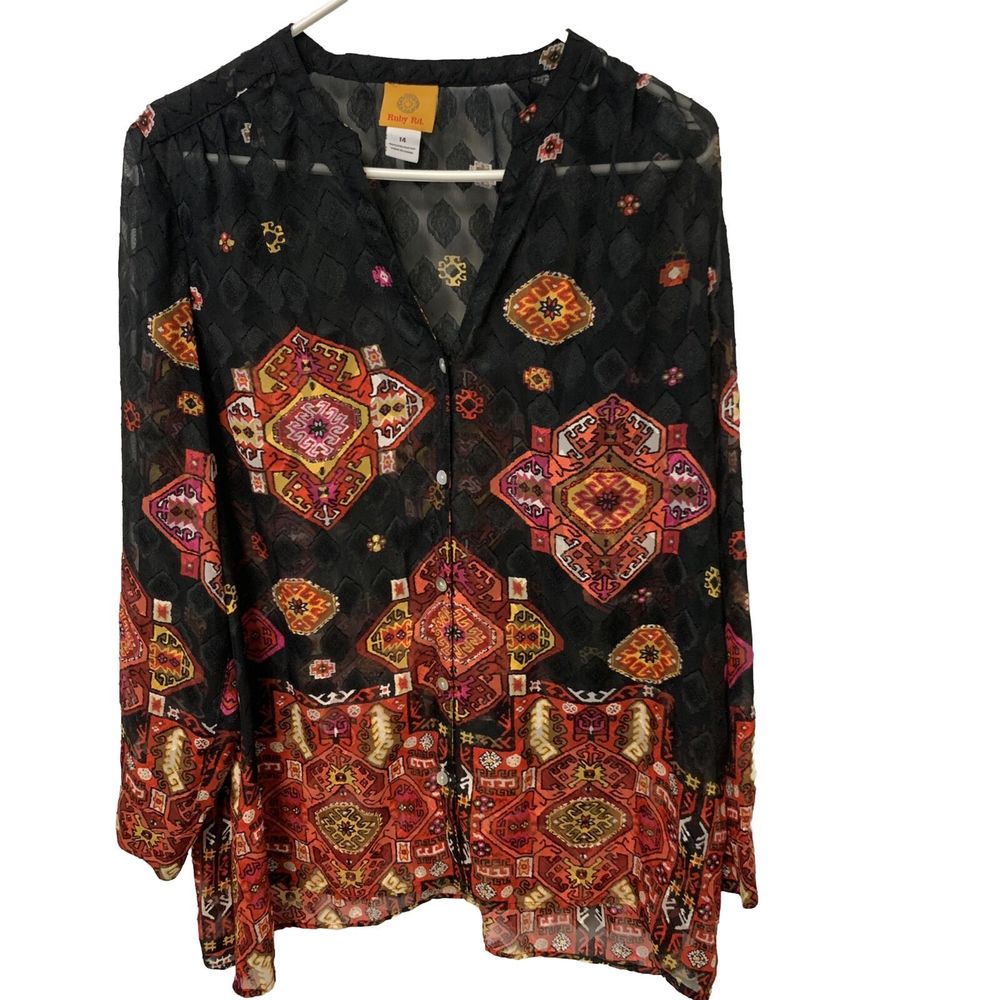 Ruby Rd Petite Semi-Sheer Black Multi-color Geometric Print V-Neck Blouse Sz 12P